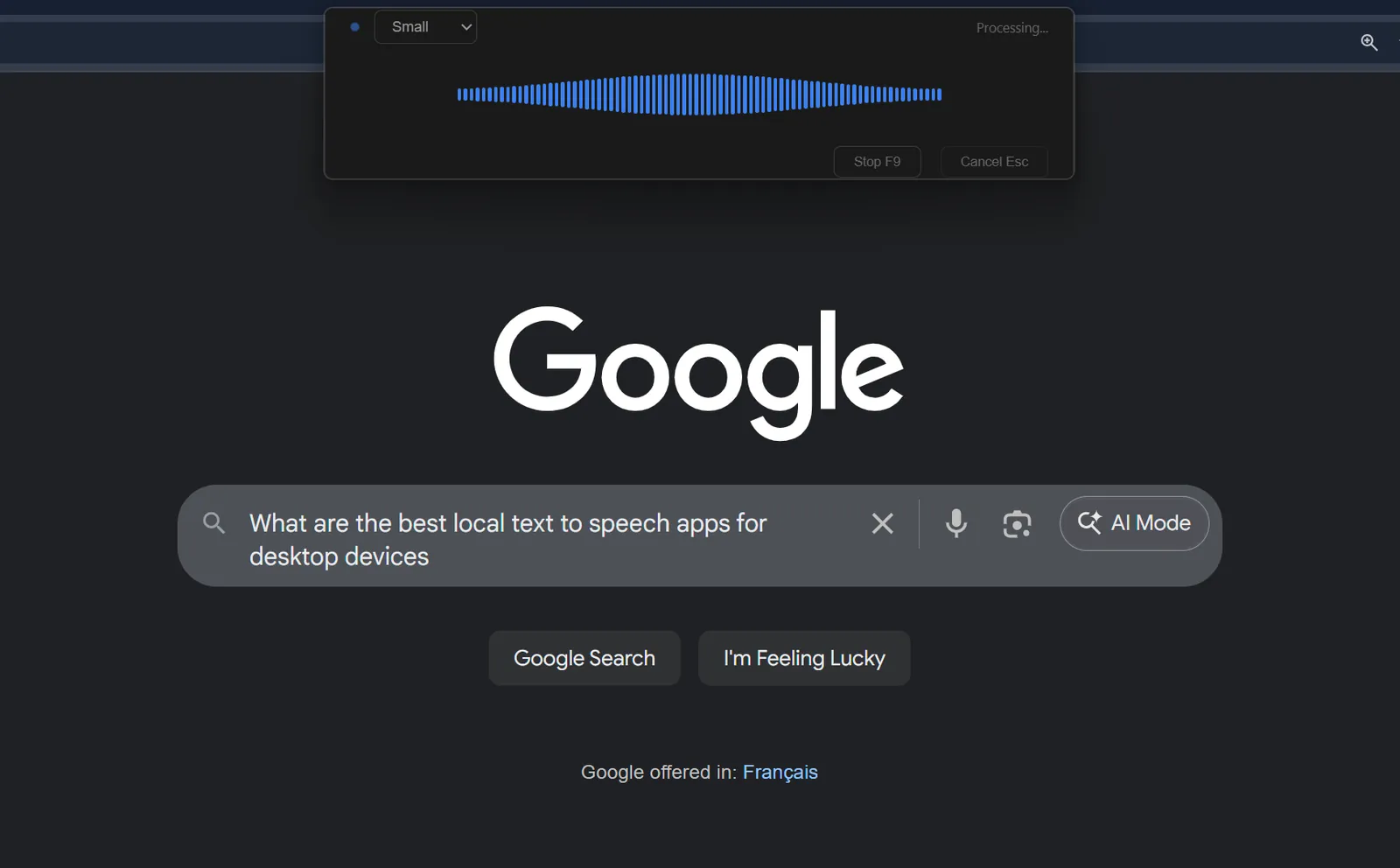 The Whisper4Windows recorder at the top of the screen with a blue waveform, over a Google search box that already holds the dictated question.